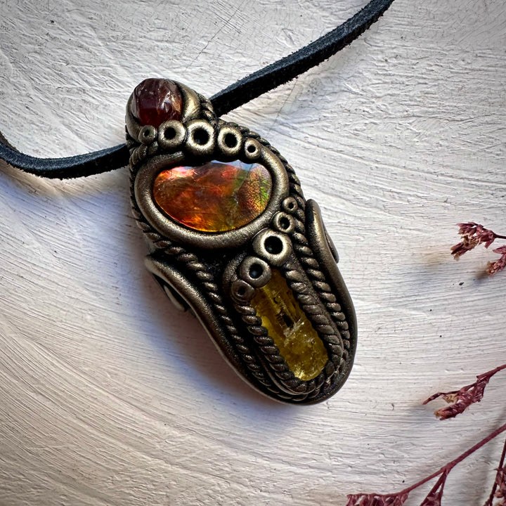 Ammolite Heliodor and Hessonite Garnet Necklace - FairyGardenGlow