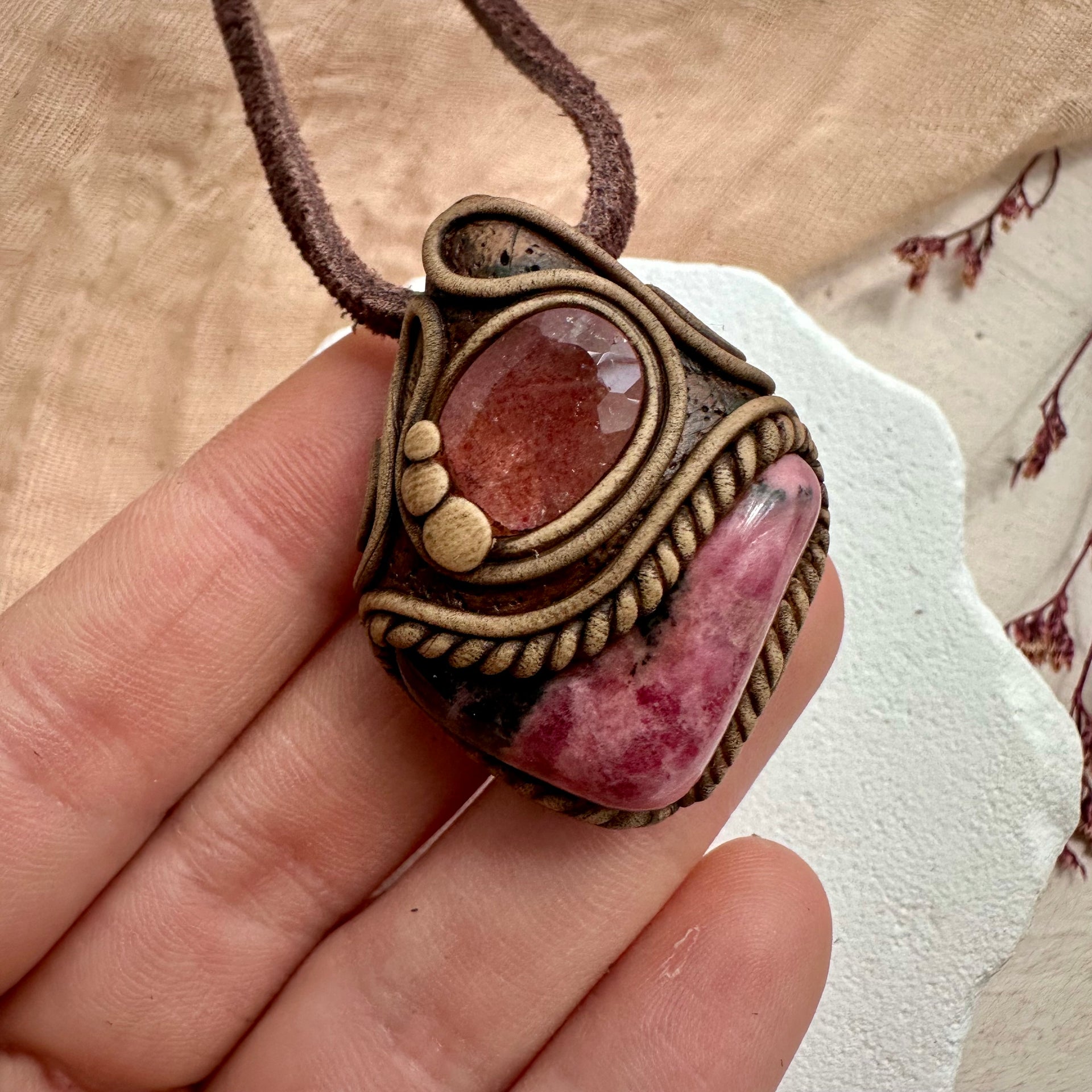 Rhodonite and Strawberry Quartz Pendant Necklace