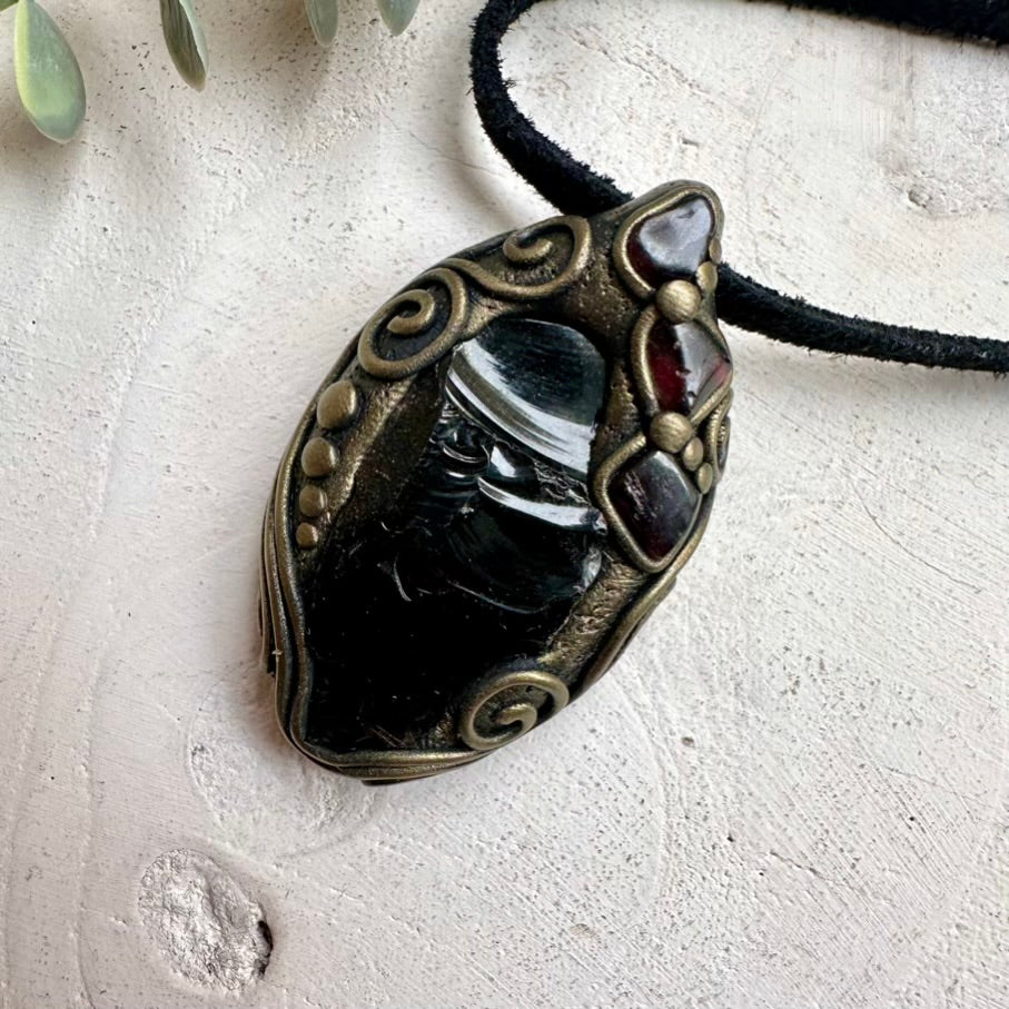 Raw Black Obsidian and Red Garnet Pendant Necklace