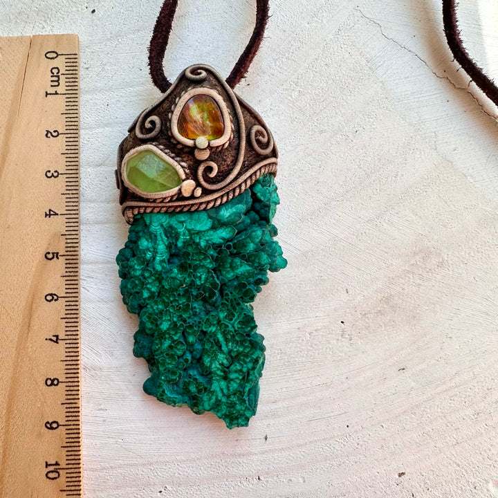 One of a kind crystal necklace with natural Malachite and Ammolite