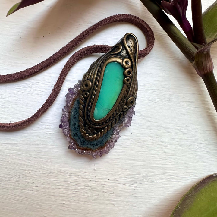 Amethyst Stalactite and Chrysoprase Pendant Necklace - FairyGardenGlow