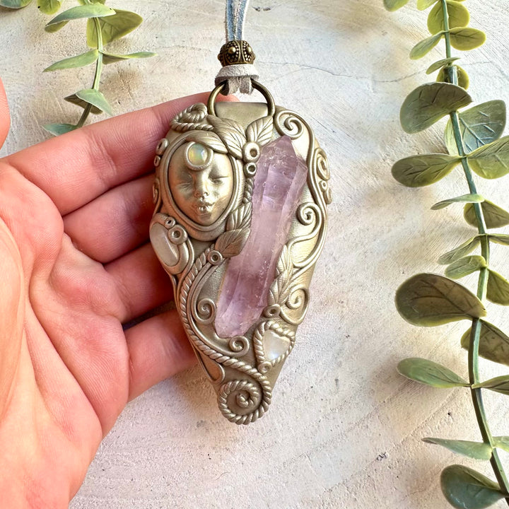 Unique Goddess pendant combining Vera Cruz Amethyst with luminous Moonstone and sparkling Clear Topaz.