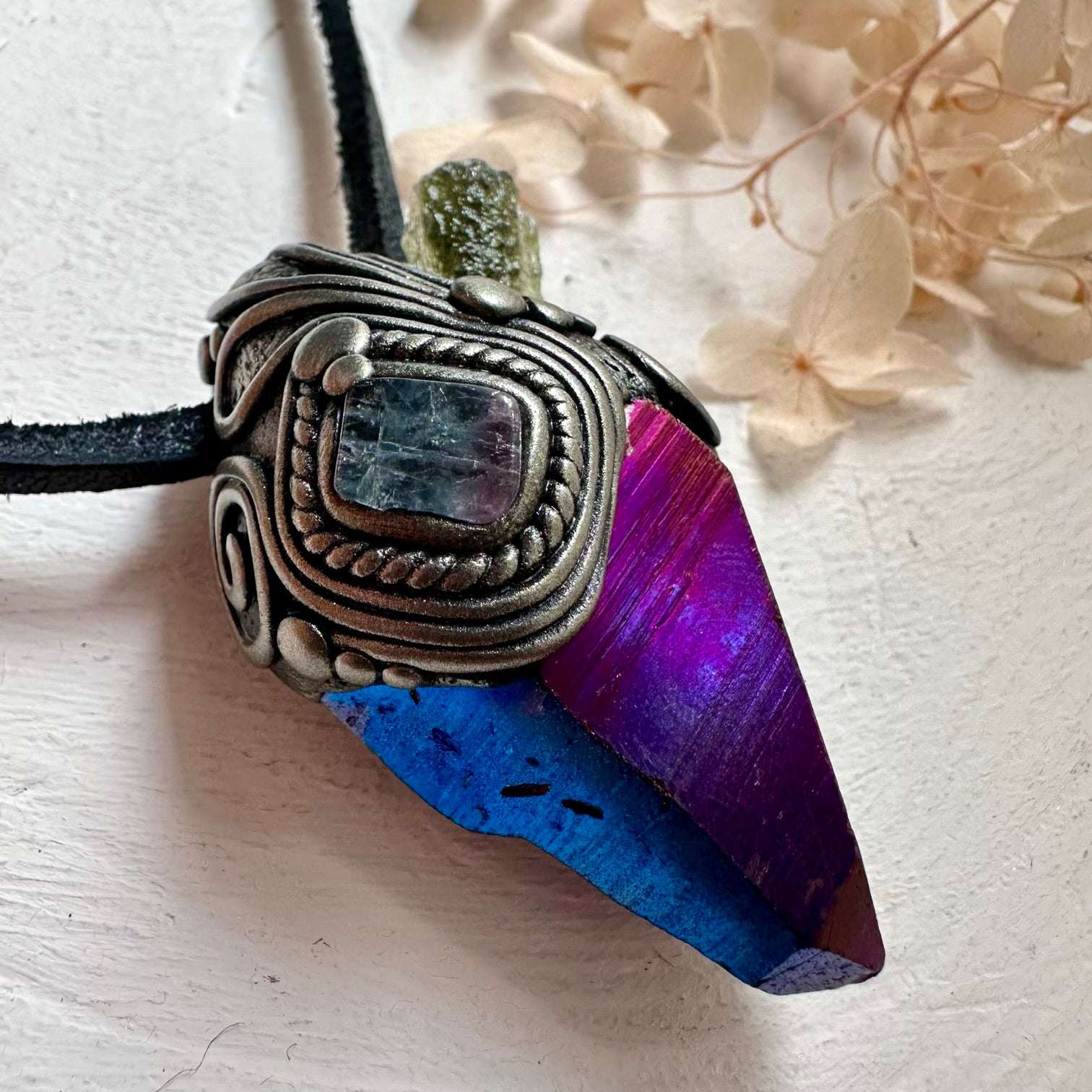 Cobalt Aura Quartz Moldavite and Bi Color Tourmaline Pendant Necklace - FairyGardenGlow