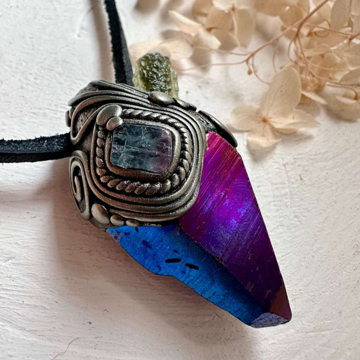 Cobalt Aura Quartz Moldavite and Bi Color Tourmaline Pendant Necklace - FairyGardenGlow