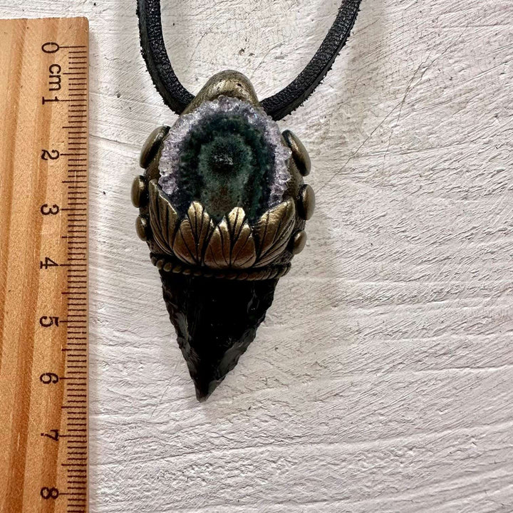 Black Obsidian Arrowhead and Amethyst Stalactite Necklace - FairyGardenGlow