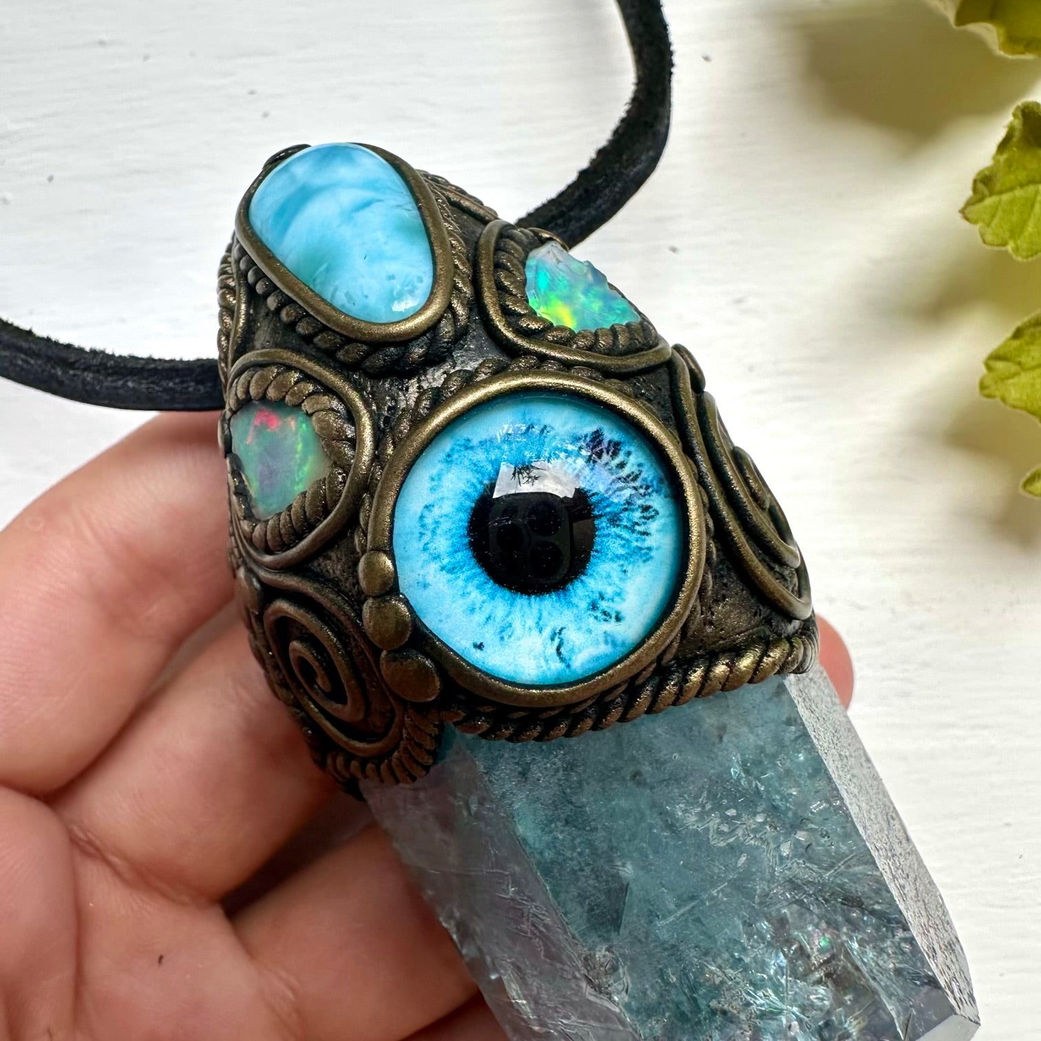 Aqua Aura Quartz Larimar and Raw Opal Eye Wand / Pendant - FairyGardenGlow