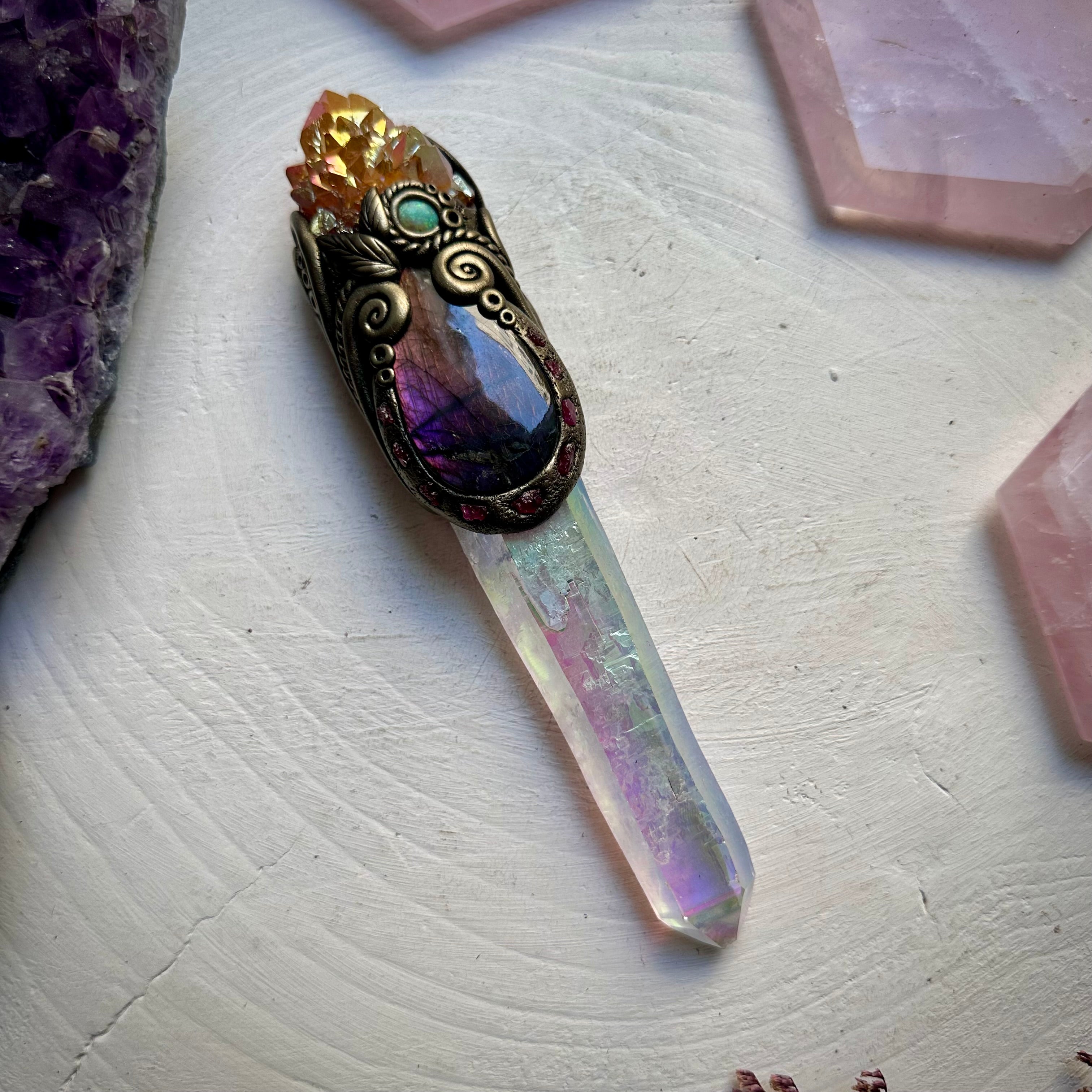 Long Angel Aura Quartz Sunset Aura Spirit Quartz Labradorite Raw Ruby and Australian Opal Wand - FairyGardenGlow