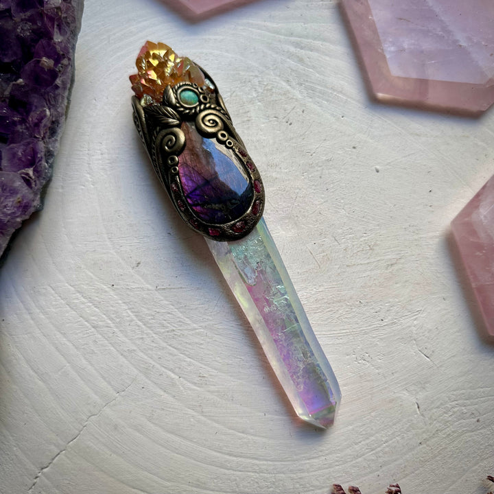 Long Angel Aura Quartz Sunset Aura Spirit Quartz Labradorite Raw Ruby and Australian Opal Wand - FairyGardenGlow