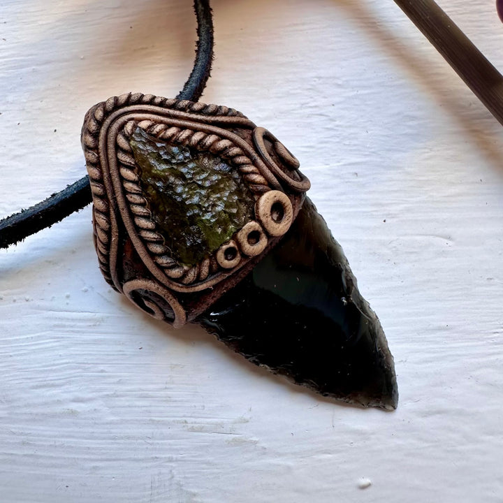 Black Obsidian Arrowhead and Moldavite Necklace - FairyGardenGlow