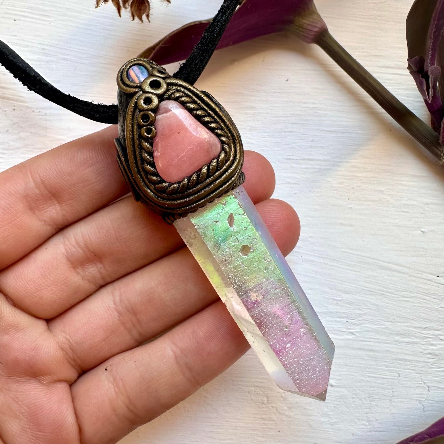 Angel Aura Quartz Rhodochrosite and Australian Opal Necklace - FairyGardenGlow