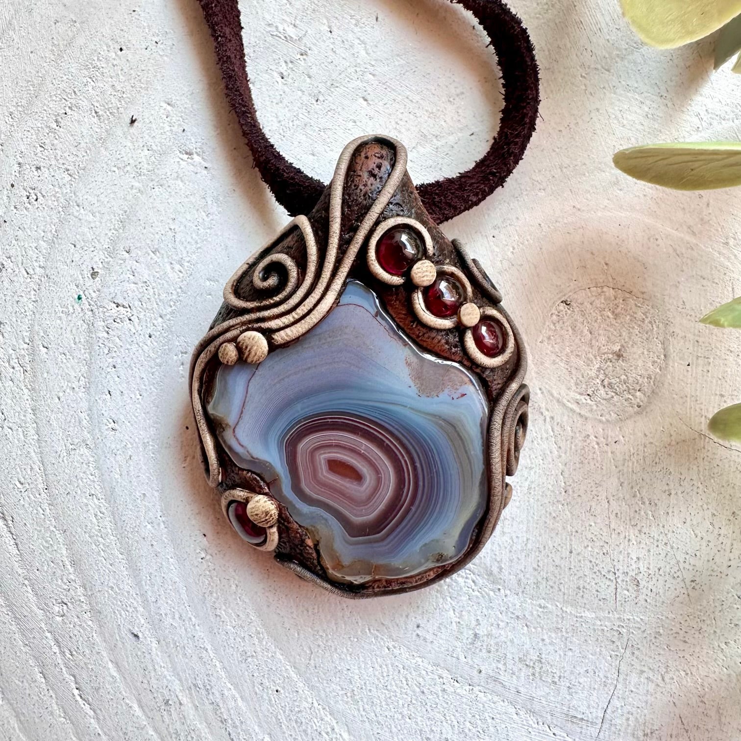 Botswana Agate and Rhodolite Garnet crystal necklace handmade with genuine natural gemstones.