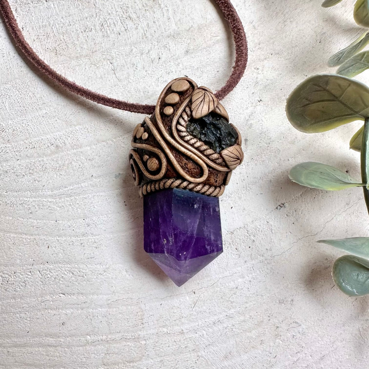 Polished Amethyst and Raw Moldavite Pendant Necklace - Healing Crystal Amulet