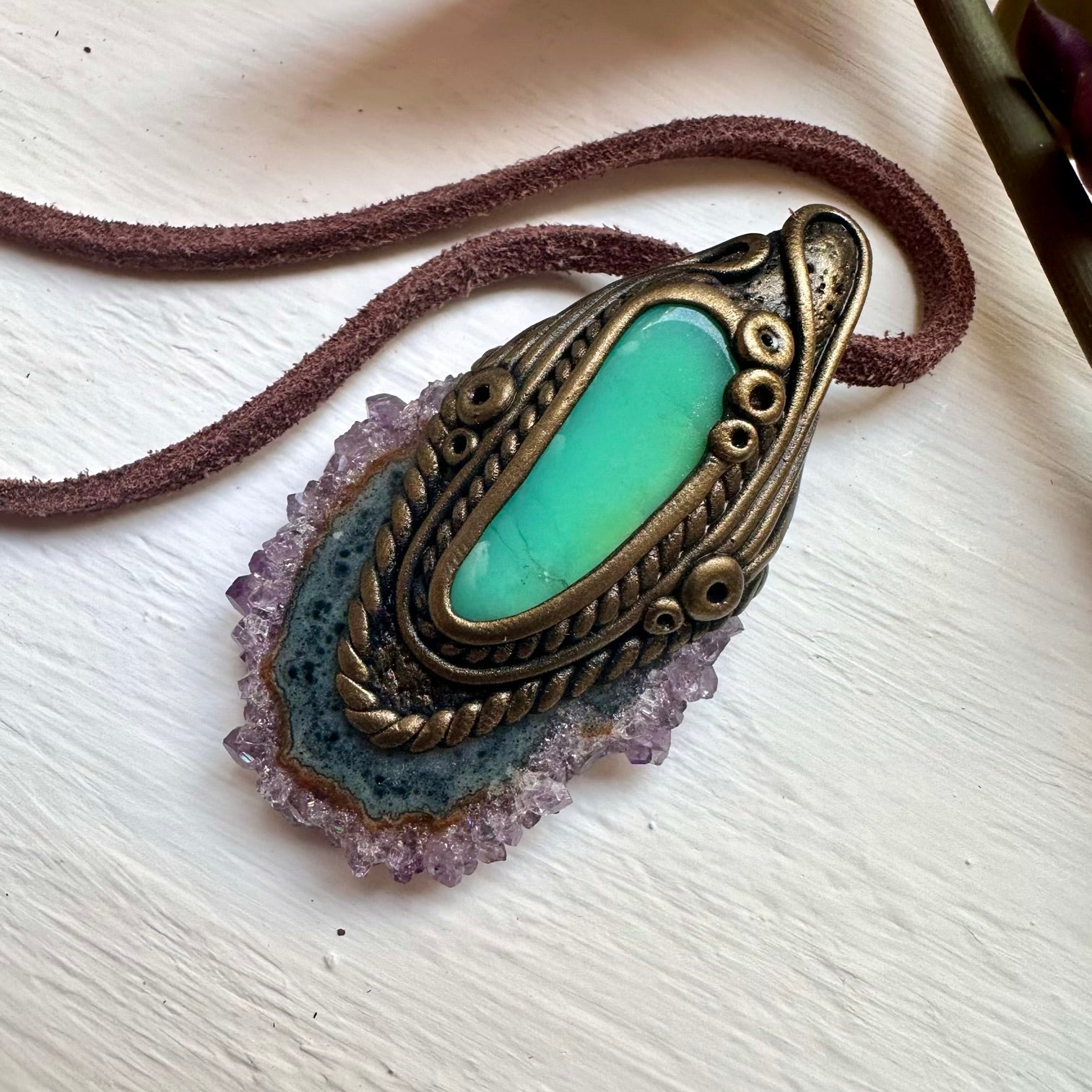 Amethyst Stalactite and Chrysoprase Pendant Necklace - FairyGardenGlow