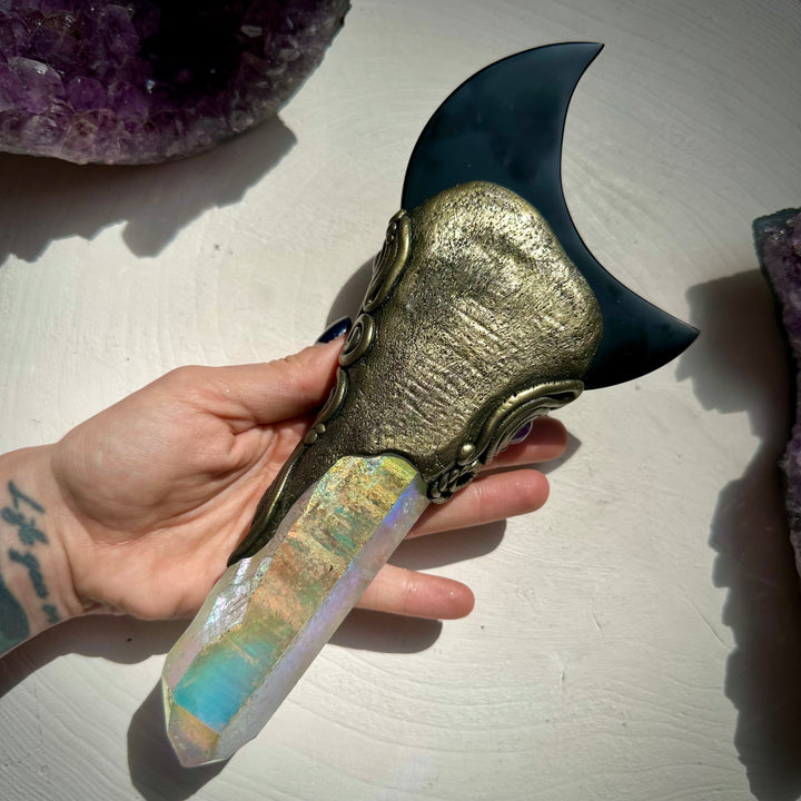 Large Angel Aura Quartz Black Obsidian Moon Labradorite Australian Opal Amethyst and Ruby Wand - FairyGardenGlow
