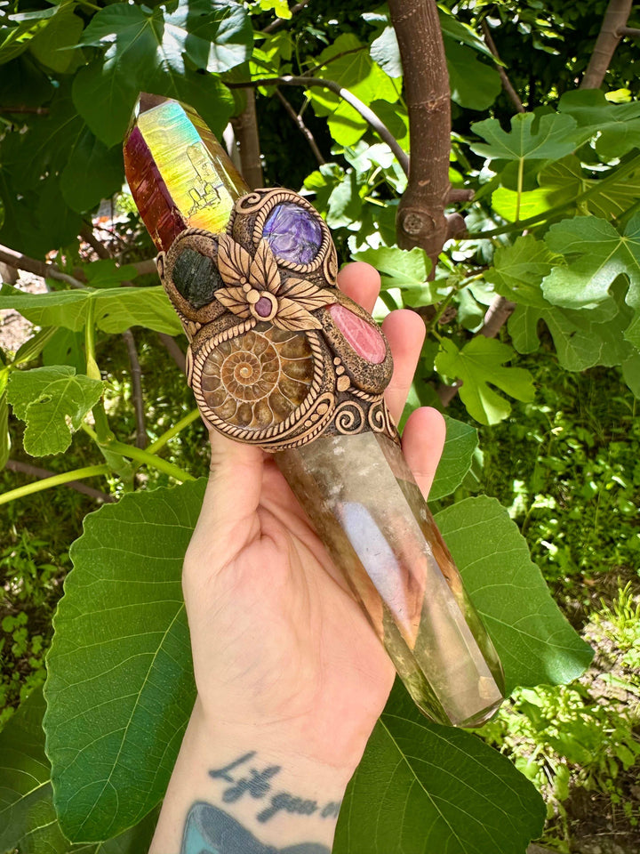 Crystal Wand - Citrine, Sunset Aura Quartz, Ammonite, Rhodochrosite, Charoite, Moldavite and Ruby - FairyGardenGlow