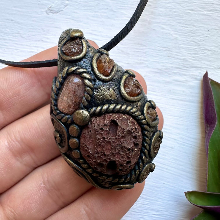 Lava Stone Sunstone and Hessonite Garnet Necklace - FairyGardenGlow