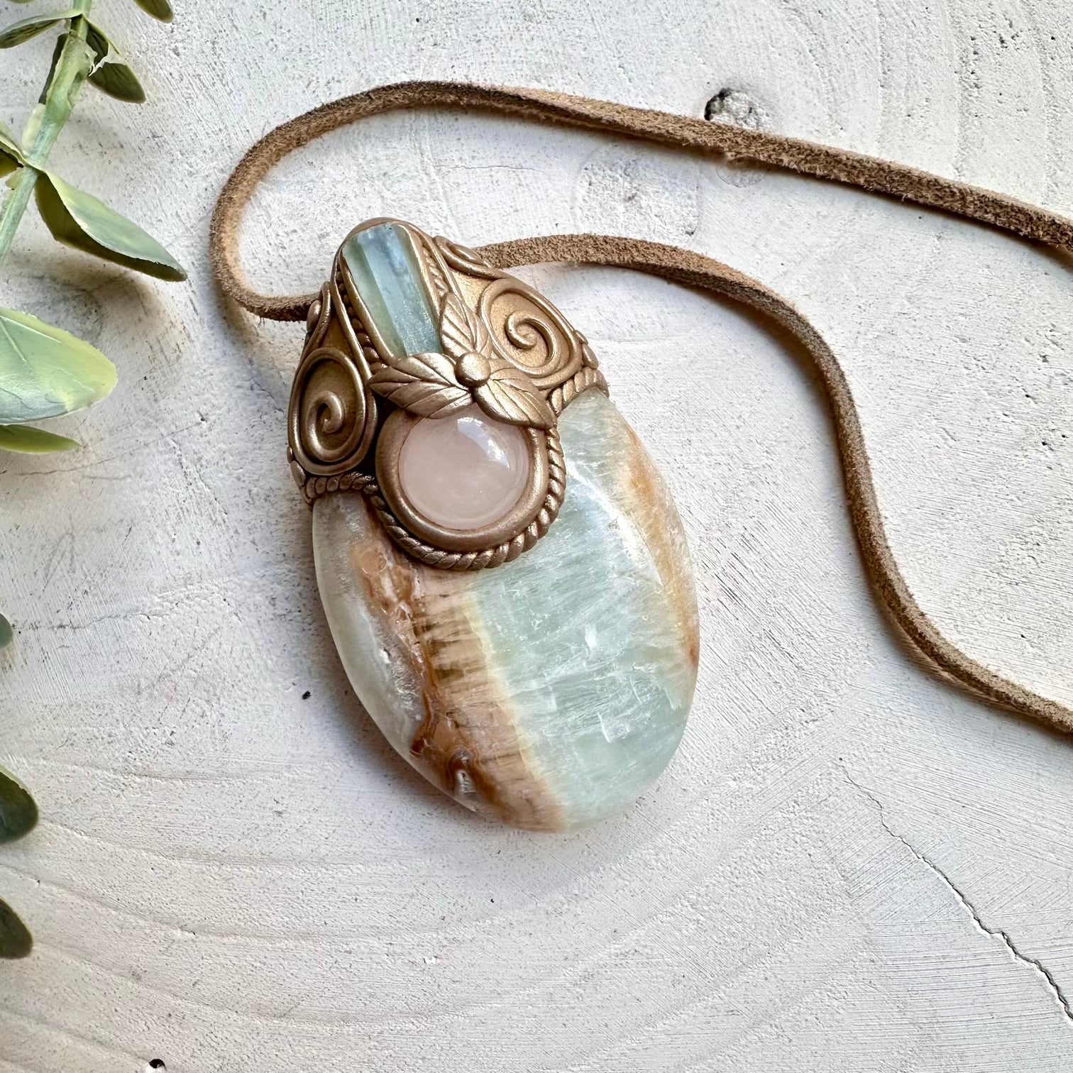Pistachio Calcite Rose Quartz and Aquamarine Pendant Necklace