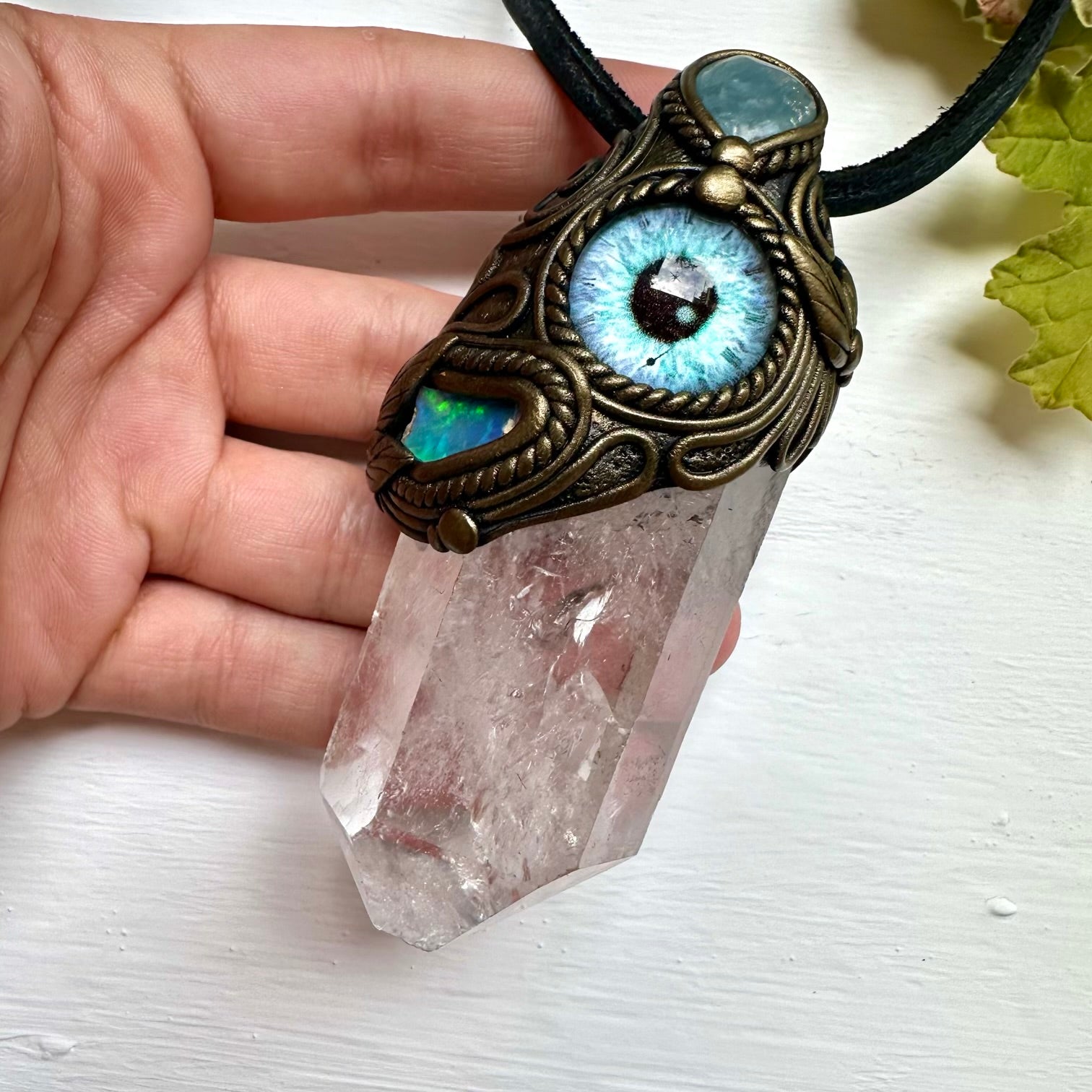 Clear Quartz Aquamarine and Raw Opal Eye Wand / Pendant - FairyGardenGlow