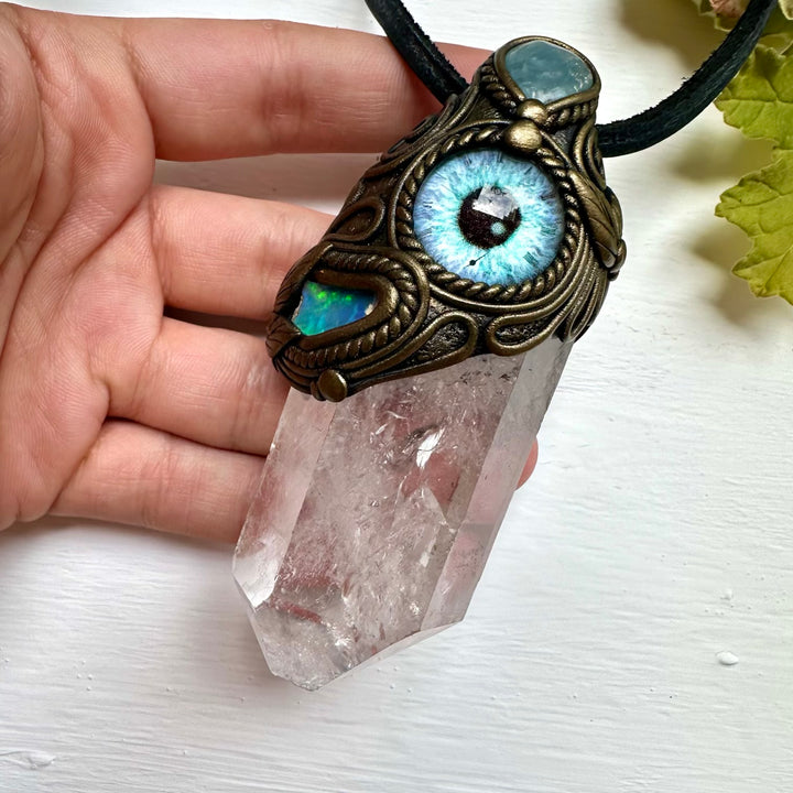 Clear Quartz Aquamarine and Raw Opal Eye Wand / Pendant - FairyGardenGlow