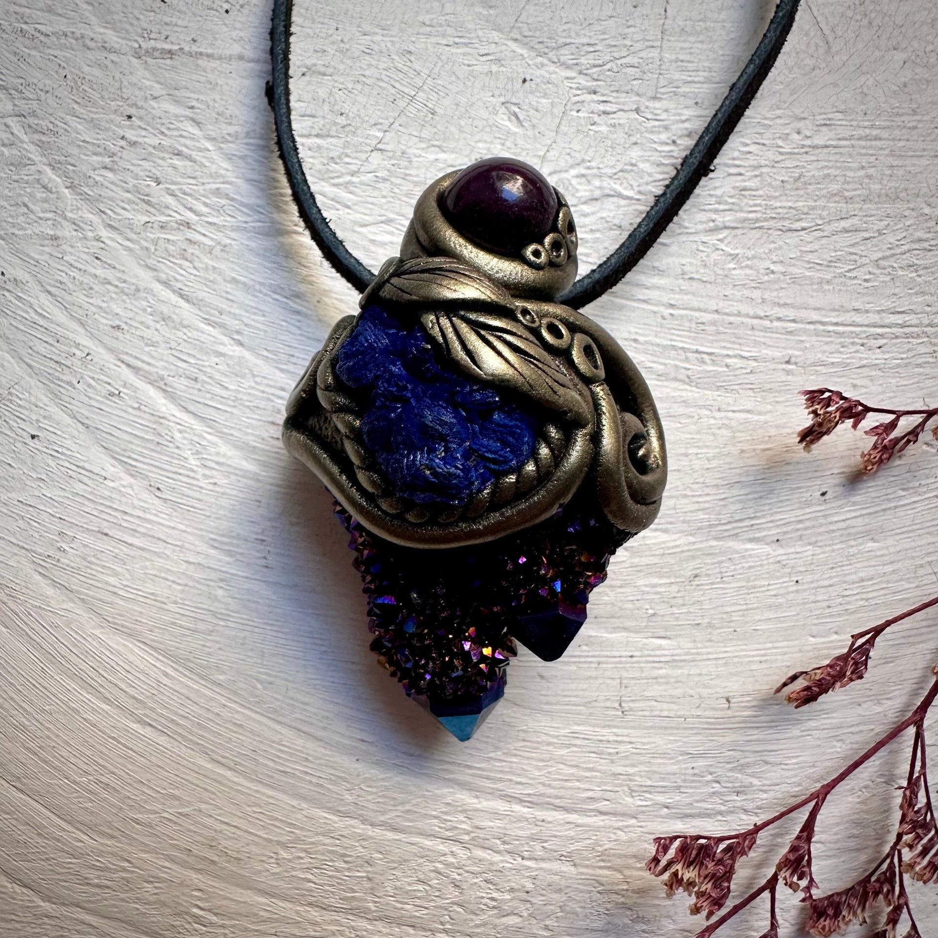 Cobalt Aura Spirit Quartz Azurite and Ruby Necklace