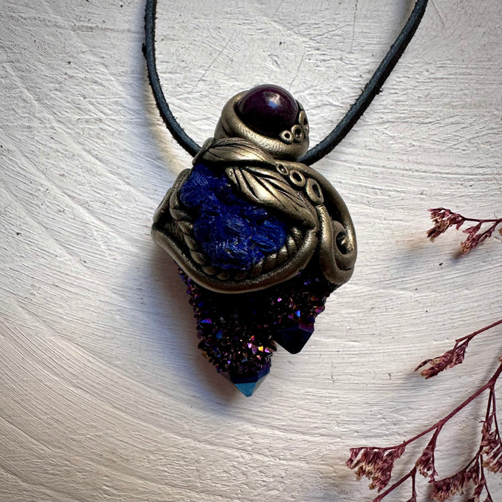 Cobalt Aura Spirit Quartz Azurite and Ruby Necklace - FairyGardenGlow