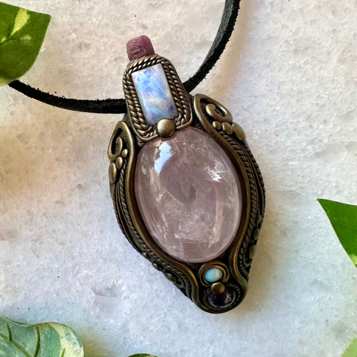 Rose Quartz Amethyst Rainbow Moonstone Ruby and Australian Opal Pendant, Healing Crystal Talisman - FairyGardenGlow