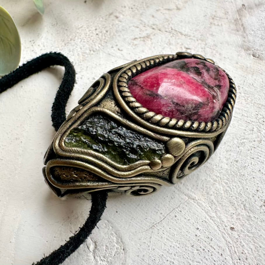 Rhodonite and Raw Moldavite Pendant Necklace