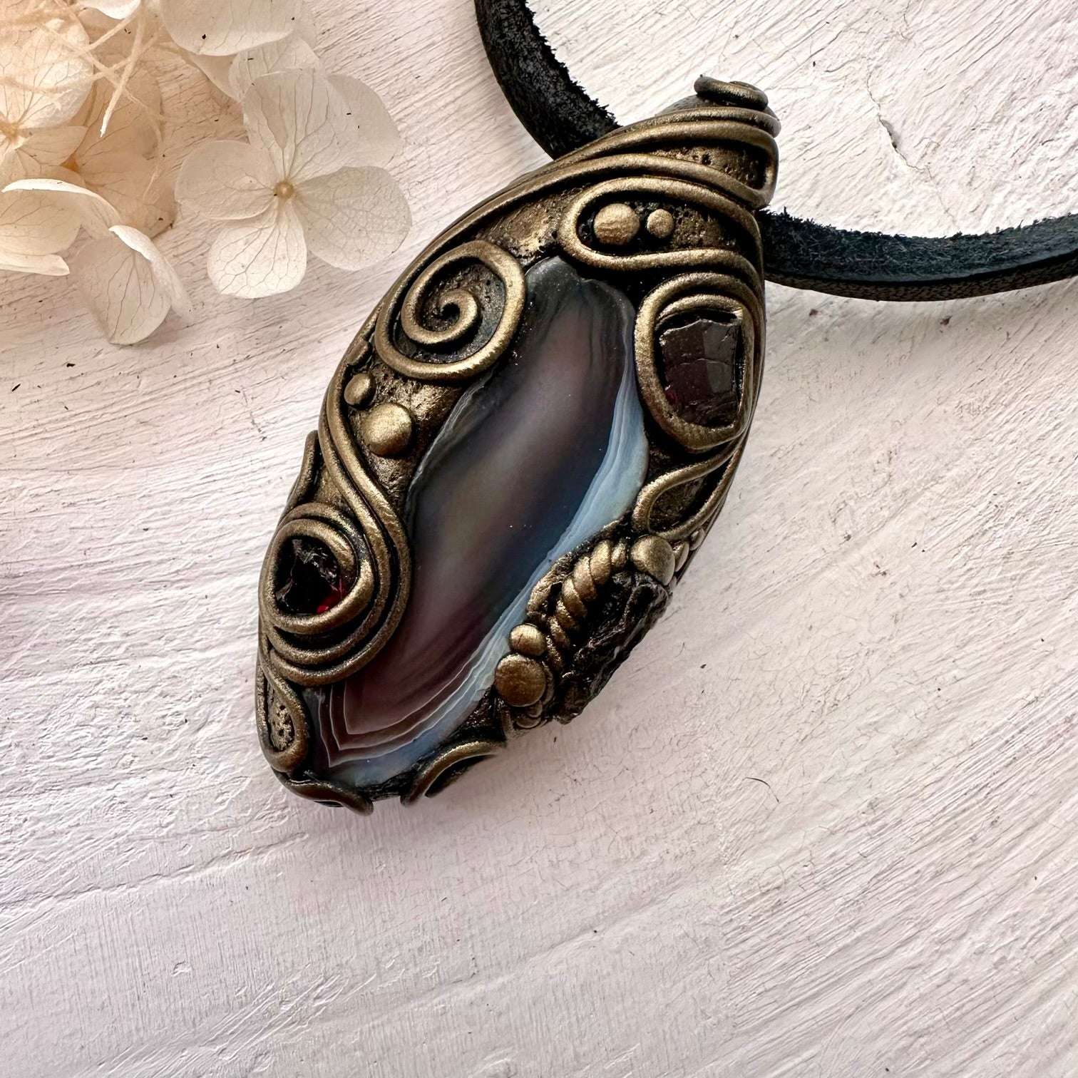 Botswana Agate Red Garnet and Moldavite Pendant Necklace - FairyGardenGlow