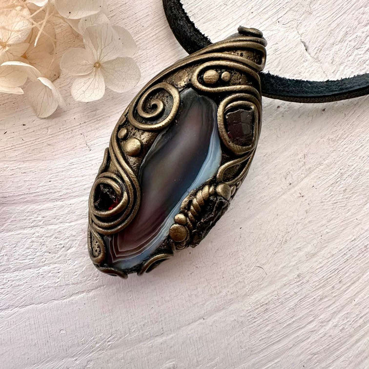 Botswana Agate Red Garnet and Moldavite Pendant Necklace - FairyGardenGlow