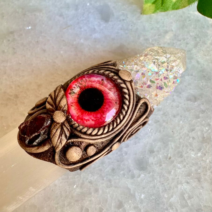 Selenite Crystal Wand, Angel Aura Spirit Quartz Red Garnet Raw Opal and Rhodochrosite Handmade Healing Crystal Wand - FairyGardenGlow