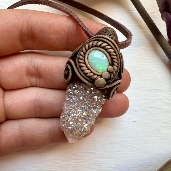 Angel Aura Spirit Quartz and Australian Opal Necklace - FairyGardenGlow