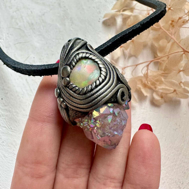 Angel Aura Spirit Quartz and Raw Opal Necklace - FairyGardenGlow