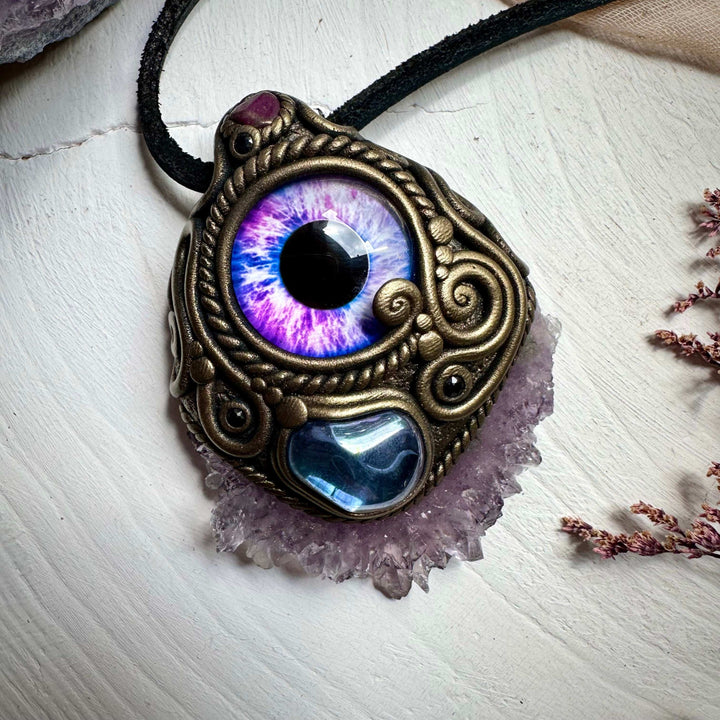 Amethyst Stalactite Aqua Aura Quartz Ruby and Blue Sapphire Eye Necklace - FairyGardenGlow