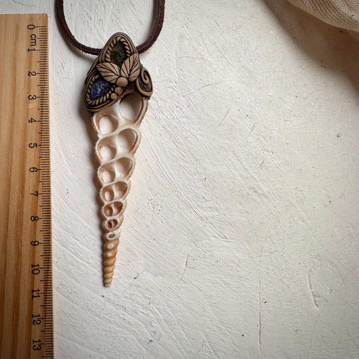 Moldavite and Tanzanite Seashell Necklace - FairyGardenGlow