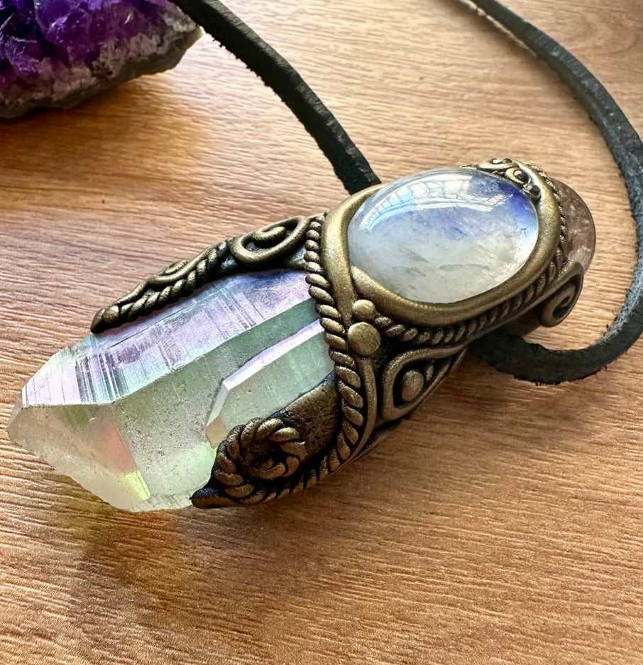 Angel Aura Quartz Smoky Quartz Sphere Moonstone and Blue Sapphire Healing Crystal Talisman - FairyGardenGlow