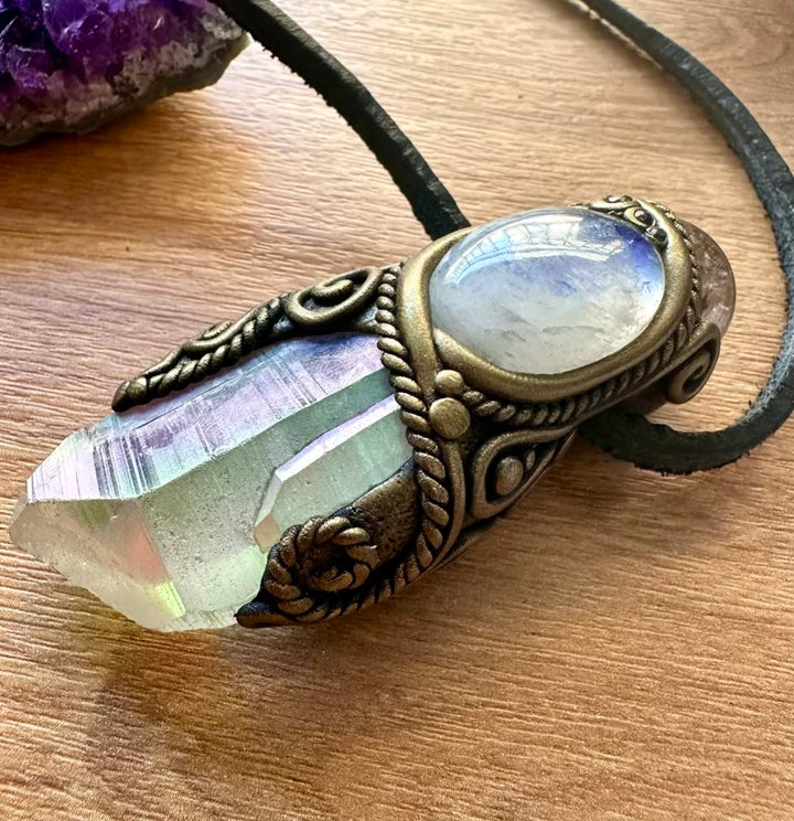 Angel Aura Quartz Smoky Quartz Sphere Moonstone and Blue Sapphire Healing Crystal Talisman - FairyGardenGlow