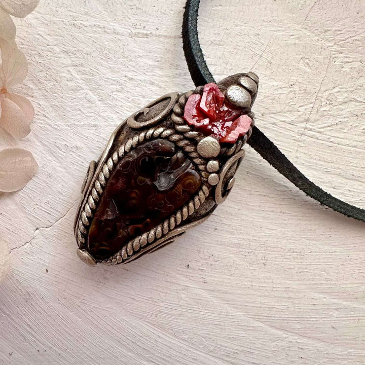 Fire Agate and Vanadinite Pendant, Handmade Crystal Jewelry - FairyGardenGlow