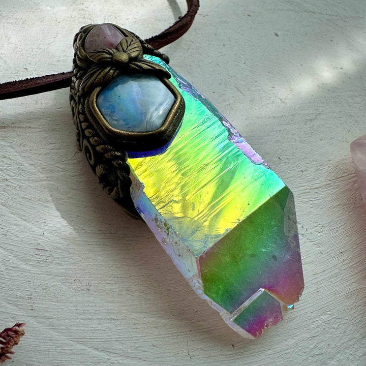 Crystal Wand / Pendant, Angel Aura Quartz Rainbow Moonstone, Rose Quartz, Raw Ruby - FairyGardenGlow