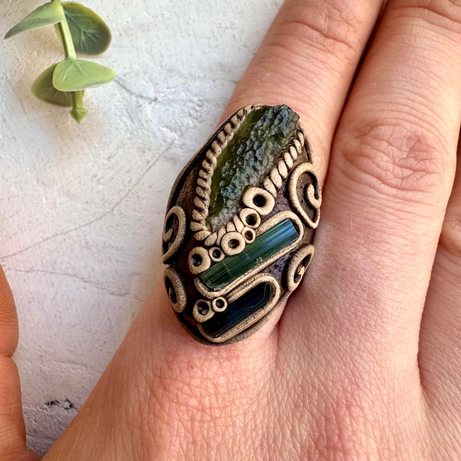 Moldavite with Green and Blue Tourmaline Adjustable Ring