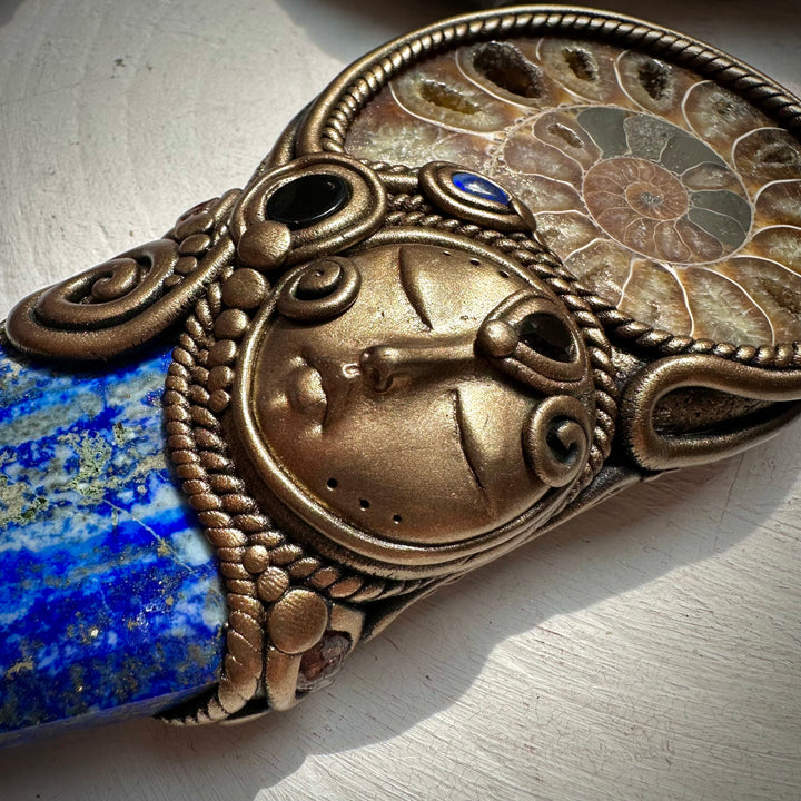 Lapis Lazuli Ammonite Smoky Quartz Black Onyx and Australian Black Opal Goddess Wand - FairyGardenGlow