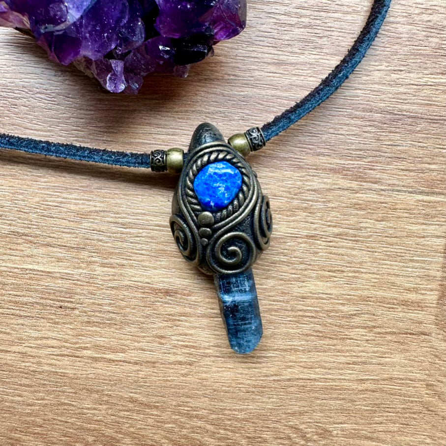 Blue Kyanite and Lapis Lazuli Pendant Necklace, Unisex Handmade Crystal Jewelry - FairyGardenGlow