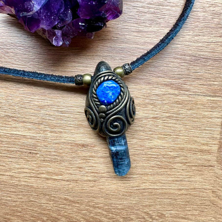 Blue Kyanite and Lapis Lazuli Pendant Necklace, Unisex Handmade Crystal Jewelry - FairyGardenGlow