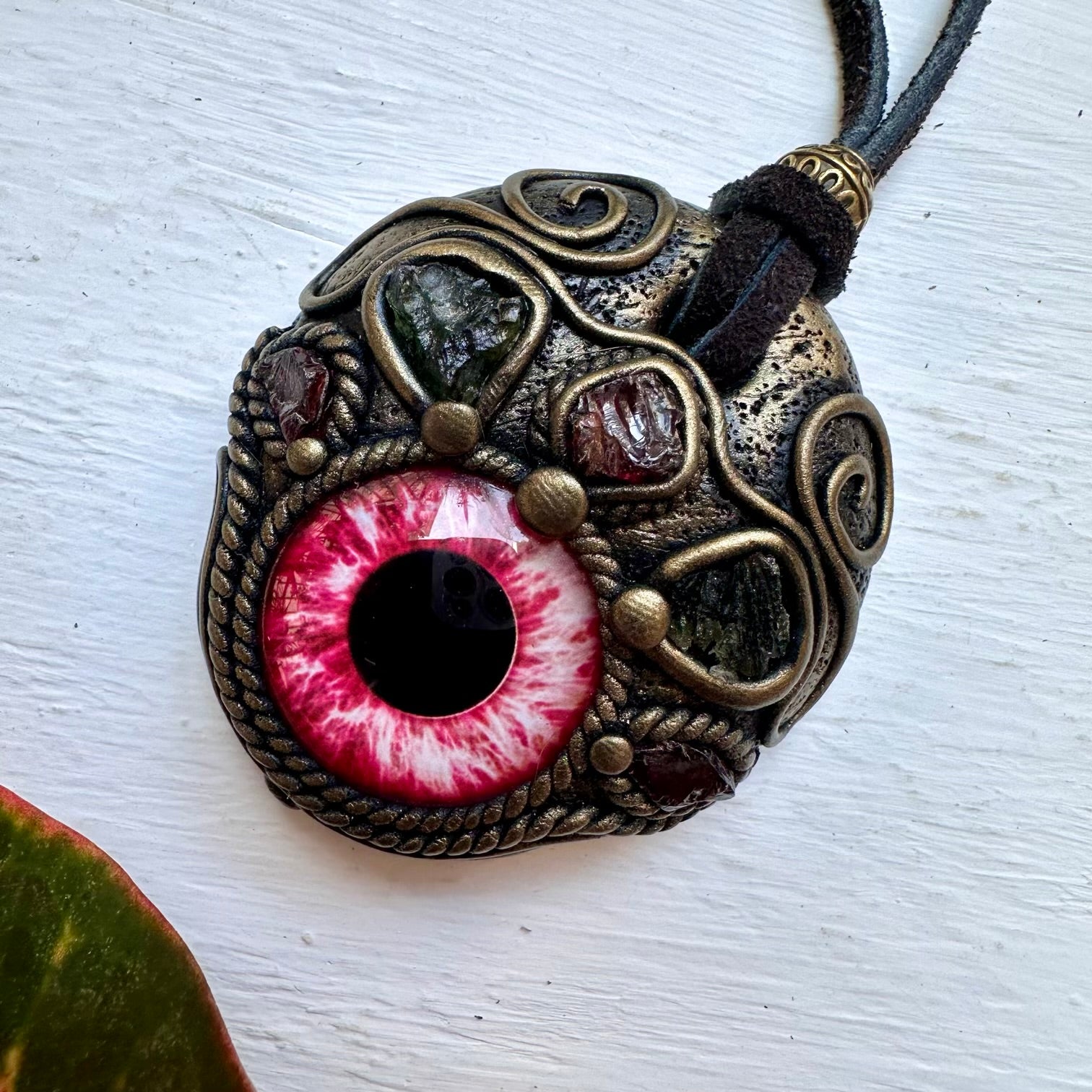 Moldavite and Garnet Eye Necklace - FairyGardenGlow