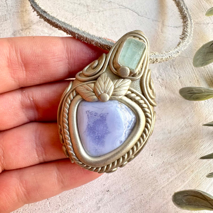 Handmade healing crystal necklace featuring Blue Chalcedony and natural Aquamarine.
