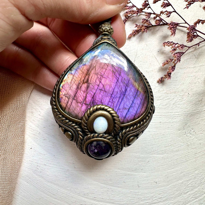 Labradorite Australian Opal and Amethyst Necklace - FairyGardenGlow