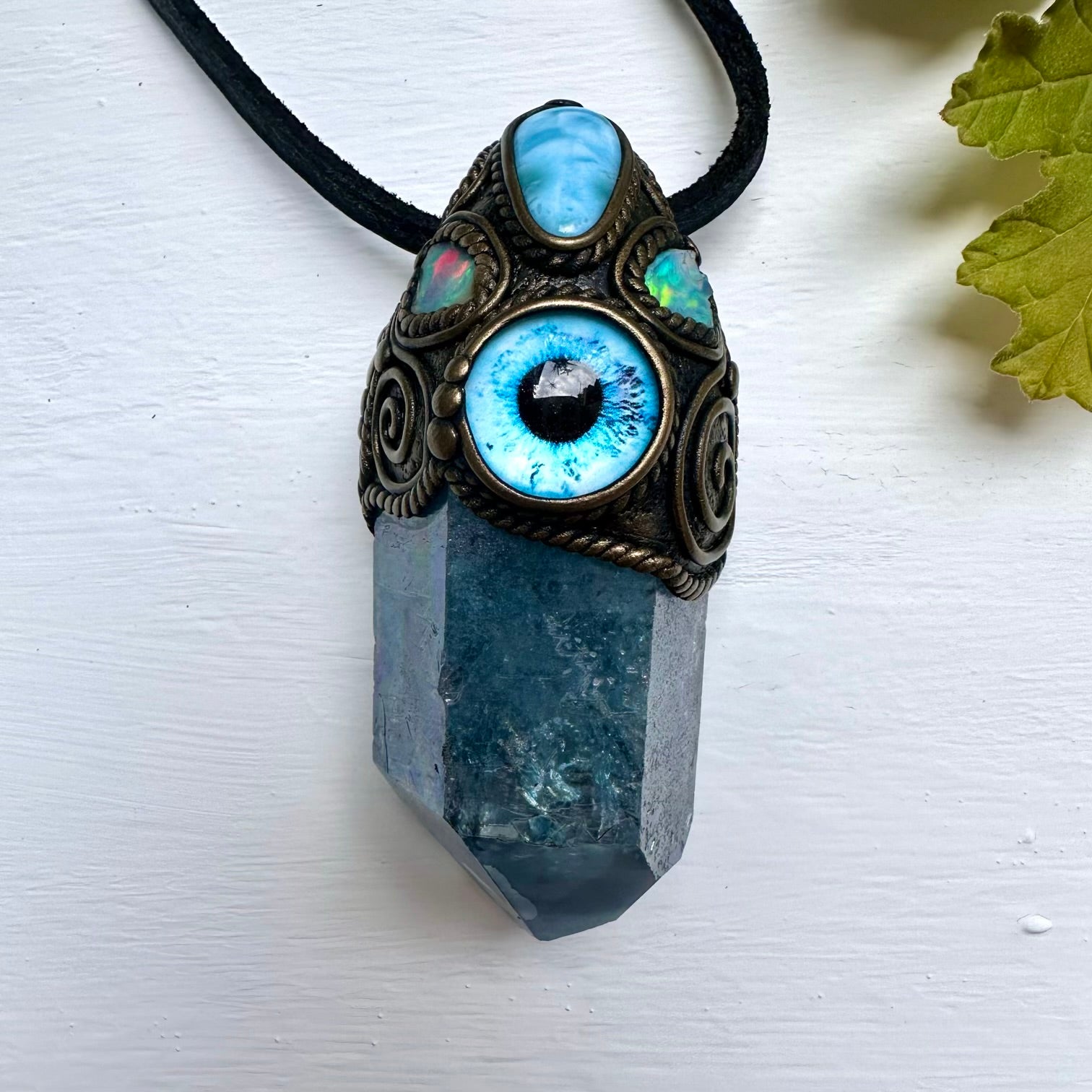 Aqua Aura Quartz Larimar and Raw Opal Eye Wand / Pendant - FairyGardenGlow