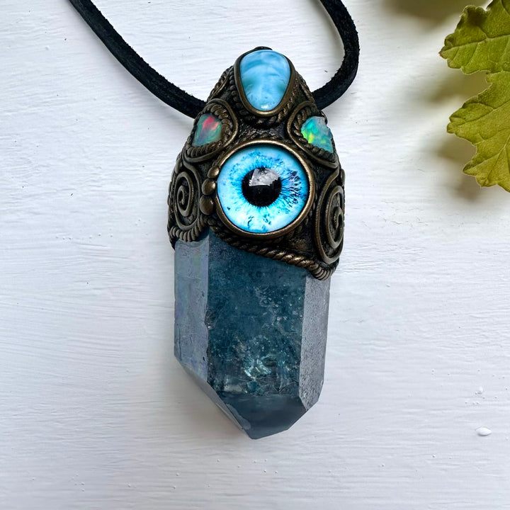 Aqua Aura Quartz Larimar and Raw Opal Eye Wand / Pendant - FairyGardenGlow