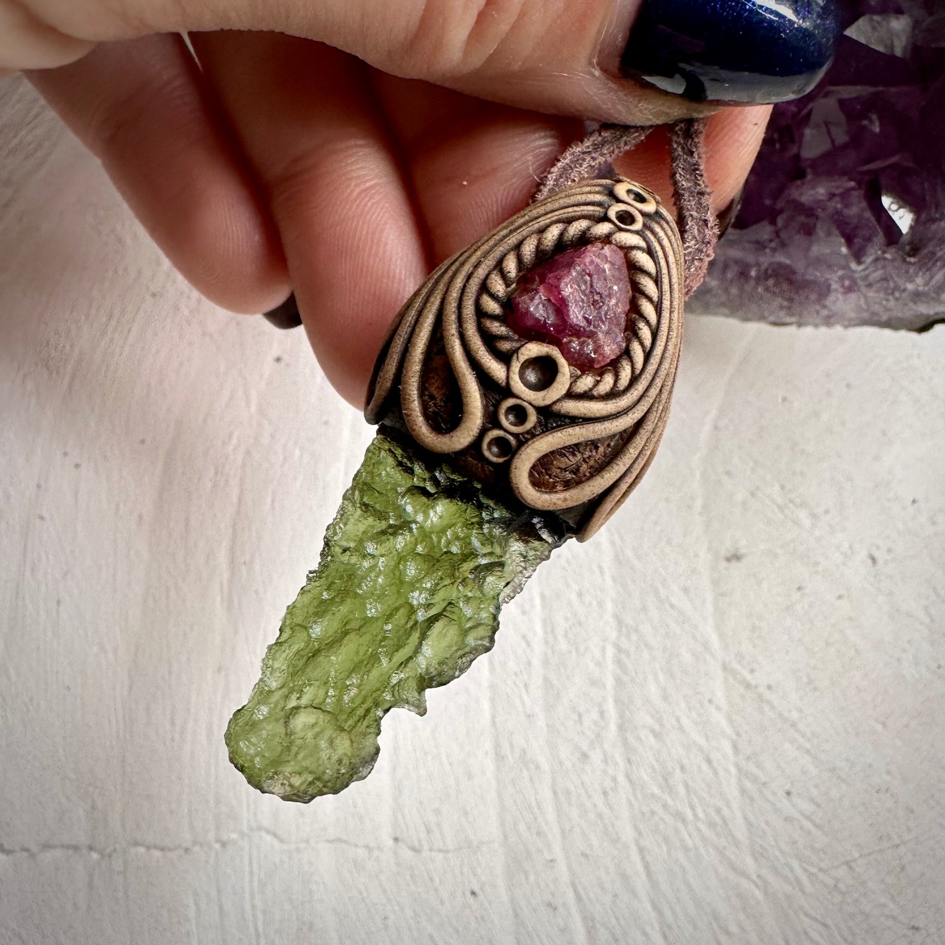 Moldavite and Raw Spinel Necklace - FairyGardenGlow