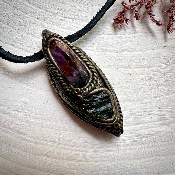 Super Seven Quartz and Moldavite Necklace - FairyGardenGlow