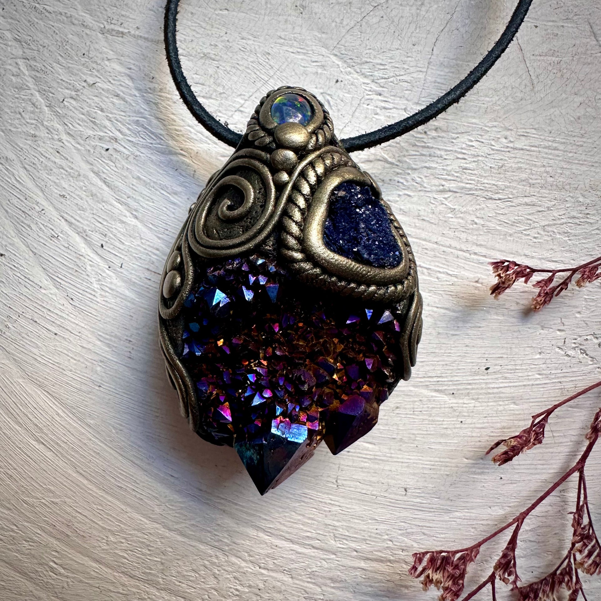 Cobalt Aura Spirit Quartz Azurite and Black Australian Opal Pendant Necklace